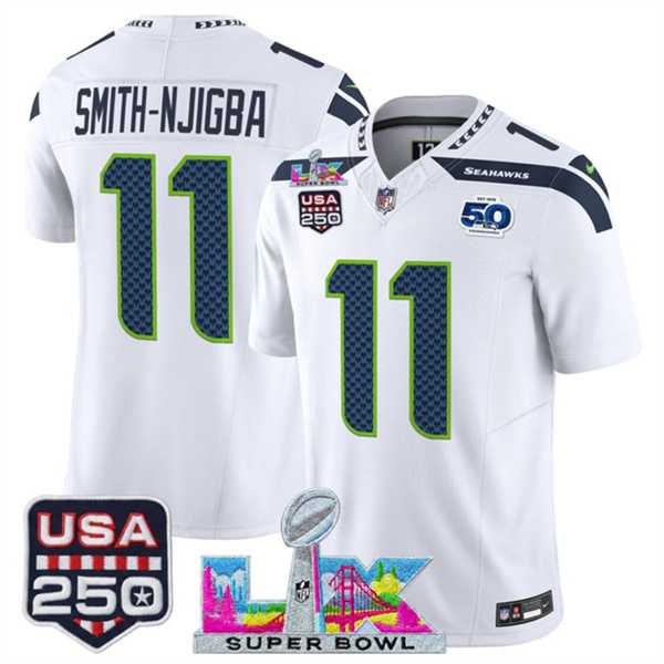 Mens Seattle Seahawks #11 Jaxon Smith-Njigba White 2025 F.U.S.E. Super Bowl LX Patch And 50th Season & USA 250 Patch Vapor Limited Stitched Jersey