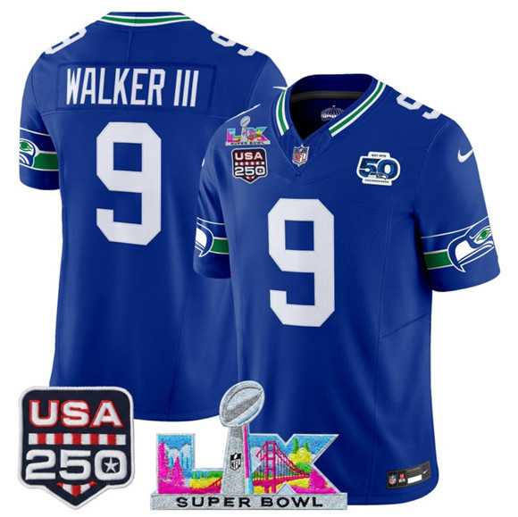 Mens Seattle Seahawks #9 Kenneth Walker III Royal 2025 F.U.S.E. Super Bowl LX Patch And 50th Season & USA 250 Patch Vapor Throwback Limited Stitched Jersey