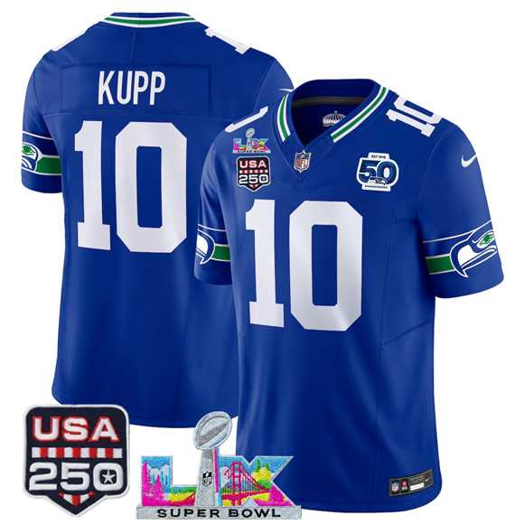 Mens Seattle Seahawks #10 Cooper Kupp Royal 2025 F.U.S.E. Super Bowl LX Patch And 50th Season Patch Vapor Throwback Limited Stitched Jersey