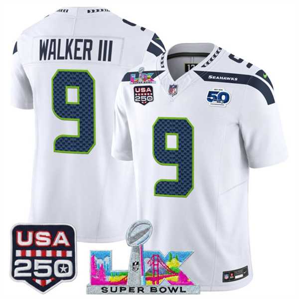 Mens Seattle Seahawks #9 Kenneth Walker III White 2025 F.U.S.E. Super Bowl LX Patch And 50th Season & USA 250 Patch Vapor Limited Stitched Jersey