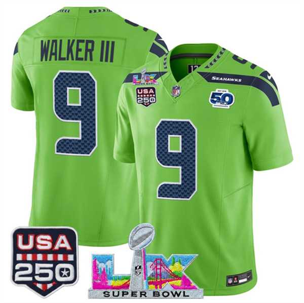 Mens Seattle Seahawks #9 Kenneth Walker III Green 2025 F.U.S.E. Super Bowl LX Patch And 50th Season & USA 250 Patch Vapor Limited Stitched Jersey