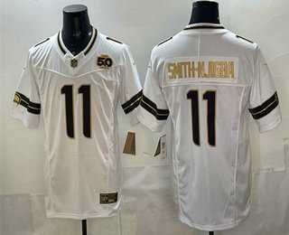 Mens Seattle Seahawks #11 Jaxon Smith-Njigba White Gold 2025 FUSE 50th Season Patch Limited Stitched Jersey Dzhi