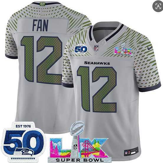 Mens Seattle Seahawks #12 Fan Gray 2025 F.U.S.E. Super Bowl LX Patch And 50th Season Patch Rivalries Vapor Limited Stitched Jersey