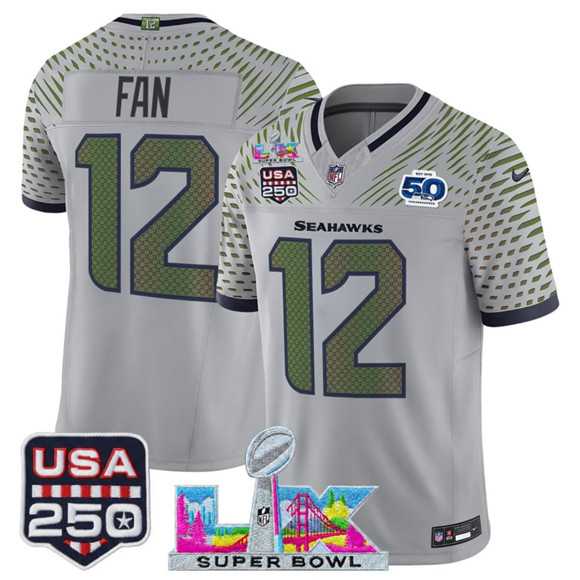 Mens Seattle Seahawks #12 Fan Gray 2025 F.U.S.E. Super Bowl LX & US 250th anniversary Patch And 50th Season Patch Rivalries Vapor Limited Stitched Jersey