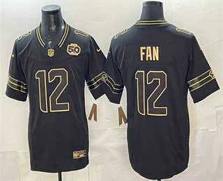 Mens Seattle Seahawks #12 Fan Black Gold 2025 FUSE 50th Season Patch Limited Stitched Jersey Dzhi