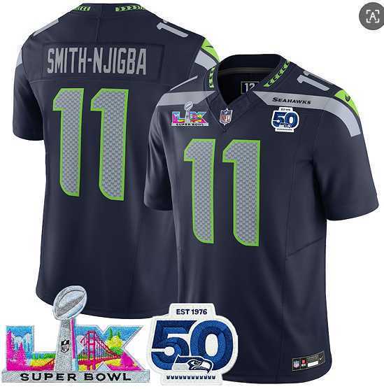 Mens Seattle Seahawks #11 Jaxon Smith-Njigba Navy 2025 F.U.S.E. Super Bowl LX Patch And 50th Season Patch Vapor Limited Stitched Jersey