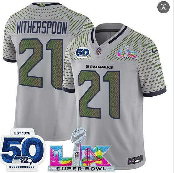 Mens Seattle Seahawks #21 Devon Witherspoon Gray 2025 F.U.S.E. Super Bowl LX Patch And 50th Season Patch Rivalries Vapor Limited Stitched Jersey