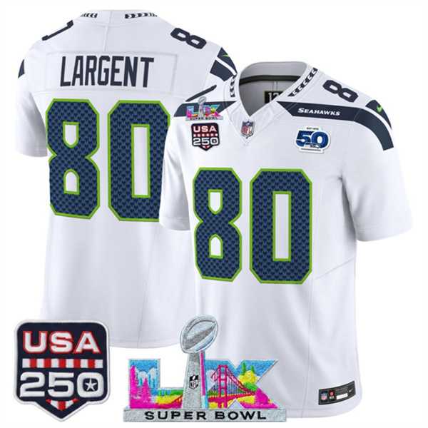 Mens Seattle Seahawks #80 Steve Largent White 2025 F.U.S.E. Super Bowl LX Patch And 50th Season & USA 250 Patch Vapor Limited Stitched Jersey