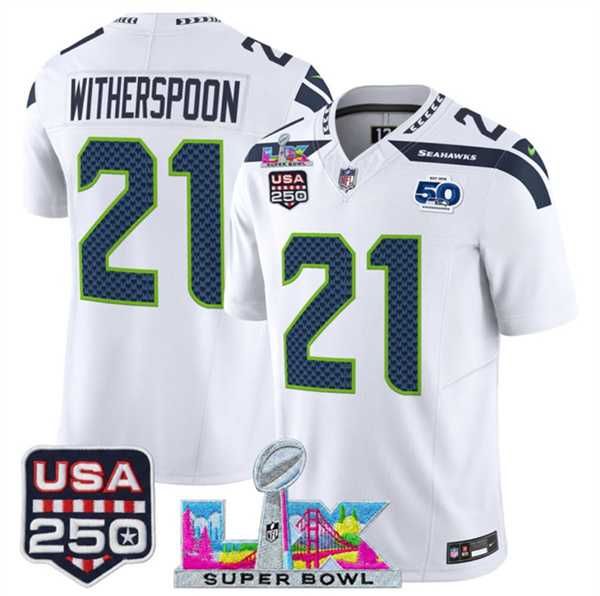 Mens Seattle Seahawks #21 Devon Witherspoon White 2025 F.U.S.E. Super Bowl LX Patch And 50th Season & USA 250 Patch Vapor Limited Stitched Jersey