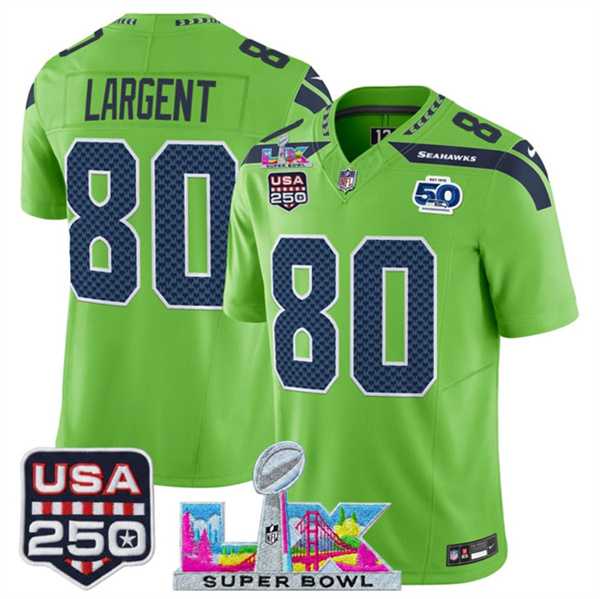 Mens Seattle Seahawks #80 Steve Largent Green 2025 F.U.S.E. Super Bowl LX Patch And 50th Season & USA 250 Patch Vapor Limited Stitched Jersey