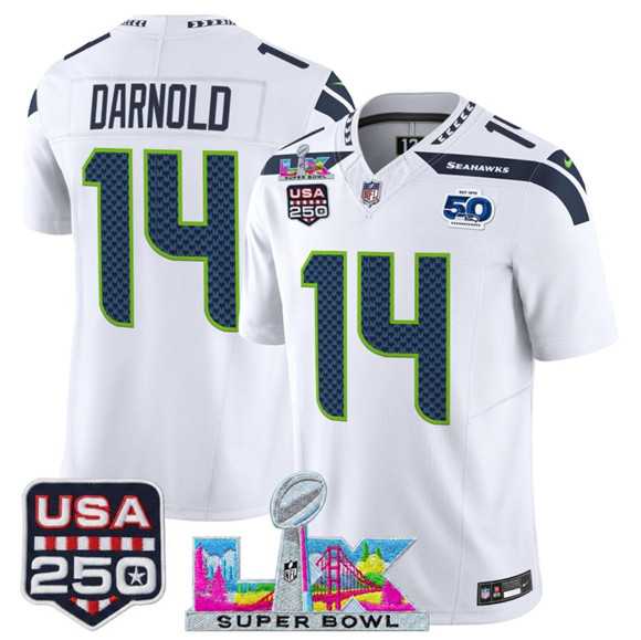 Mens Seattle Seahawks #14 Sam Darnold White 2025 F.U.S.E. Super Bowl LX Patch And 50th Season & USA 250 Patch Vapor Limited Stitched Jersey