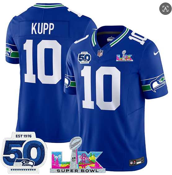 Mens Seattle Seahawks#10 Cooper Kupp Royal 2025 F.U.S.E. Super Bowl LX Patch And 50th Season Patch Vapor Throwback Limited Stitched Jersey