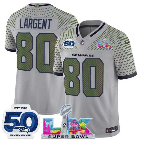 Mens Seattle Seahawks #80 Steve Largent Gray 2025 F.U.S.E. Super Bowl LX Patch And 50th Season Patch Rivalries Vapor Limited Stitched Jersey
