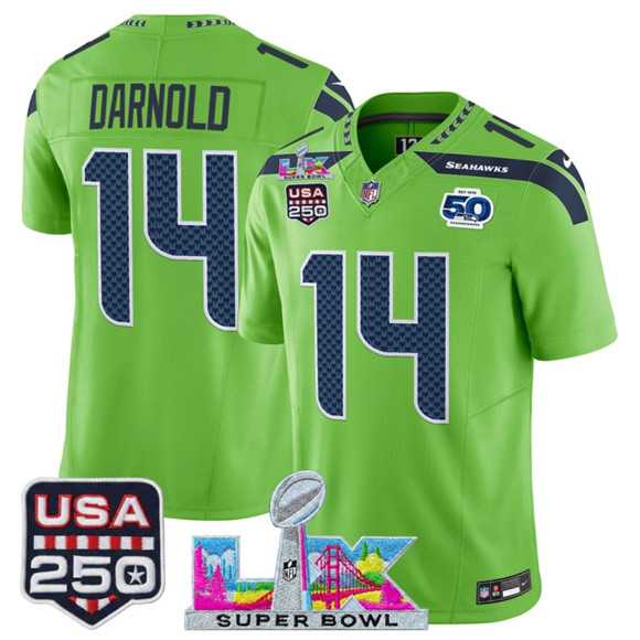 Mens Seattle Seahawks #14 Sam Darnold Green 2025 F.U.S.E. Super Bowl LX Patch And 50th Season & USA 250 Patch Vapor Limited Stitched Jersey