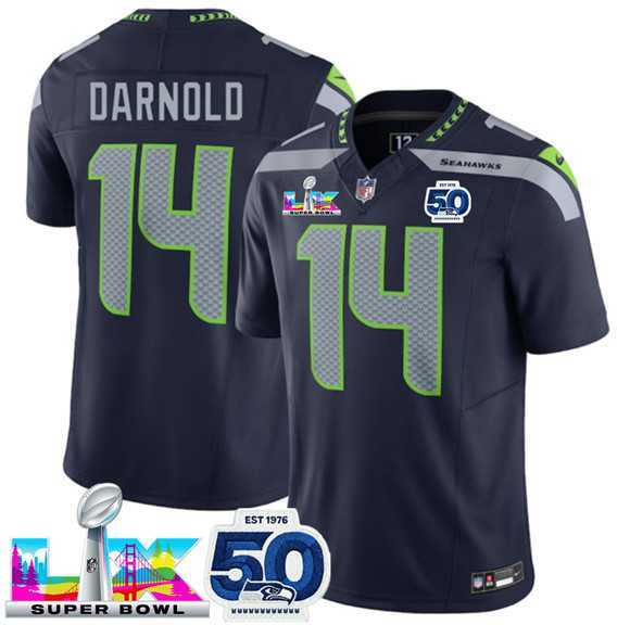 Mens Seattle Seahawks #14 Sam Darnold Navy 2025 F.U.S.E. Super Bowl LX Patch And 50th Season Patch Vapor Limited Stitched Jersey