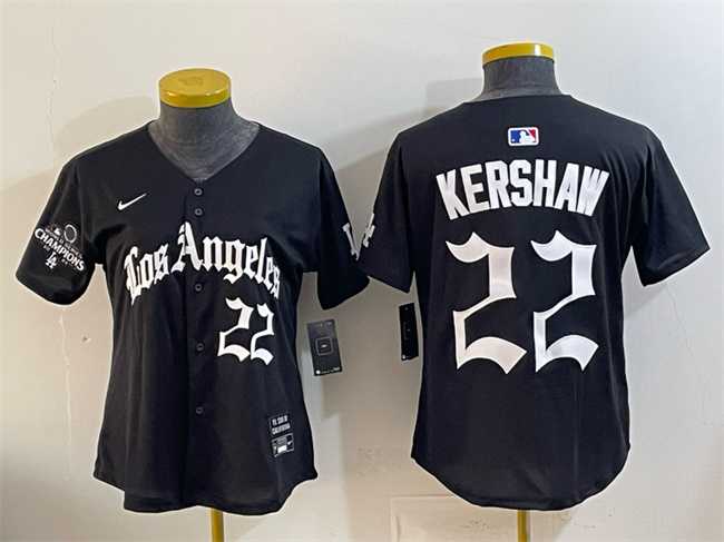 Womens Los Angeles Dodgers #22 Clayton Kershaw Black 2025 World Series Champions LA Gothic Edition Limited Stitched Jersey Dzhi