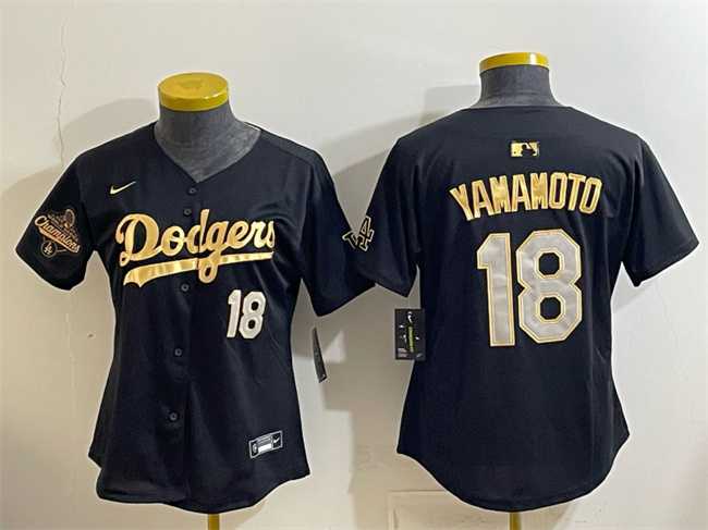 Womens Los Angeles Dodgers #18 Yoshinobu Yamamoto Black Gold 2025 World Series Champions Patch Limited Stitched Jersey Dzhi