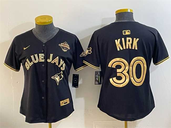 Womens Toronto Blue Jays #30 Alejandro Kirk Black Gold 2025 American League Champions Limited Stitched Jersey Dzhi
