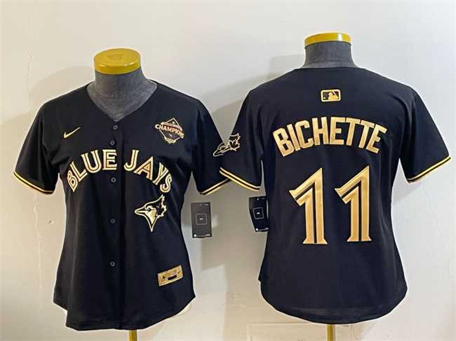 Womens Toronto Blue Jays #11 Bo Bichette Black Gold 2025 American League Champions Limited Stitched Jersey Dzhi