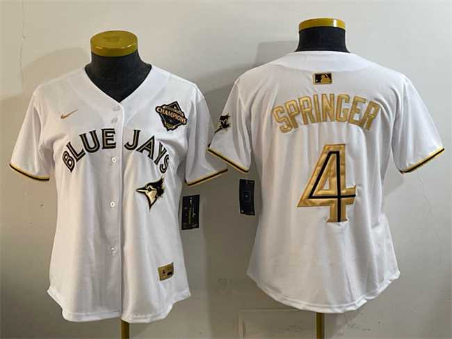 Womens Toronto Blue Jays #4 George Springer White Gold 2025 American League Champions Limited Stitched Jersey Dzhi