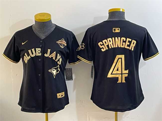 Womens Toronto Blue Jays #4 George Springer Black Gold 2025 American League Champions Limited Stitched Jersey Dzhi