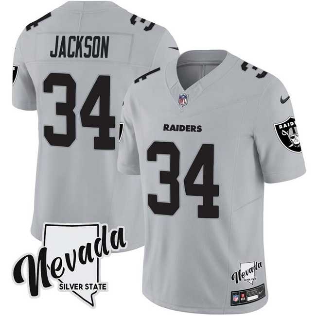 Mens Las Vegas Raiders #34 Bo Jackson Gray F.U.S.E. With Nevada Silver Stat Patch Vapor Limited Stitched Jersey Dzhi