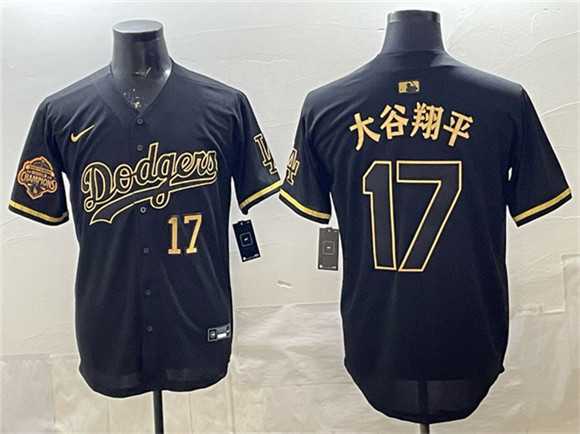 Mens Los Angeles Dodgers #17 Shohei Ohtani Black Gold 2025 Back to Back Champions Patch Limited Stitched Jersey Dzhi