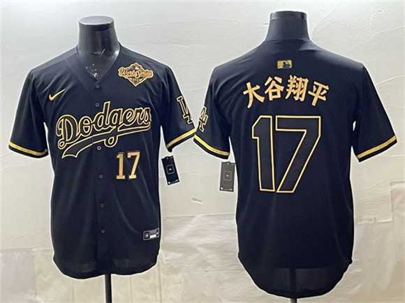 Mens Los Angeles Dodgers #17 Shohei Ohtani Black Gold 2025 World Series Patch Limited Stitched Jersey Dzhi