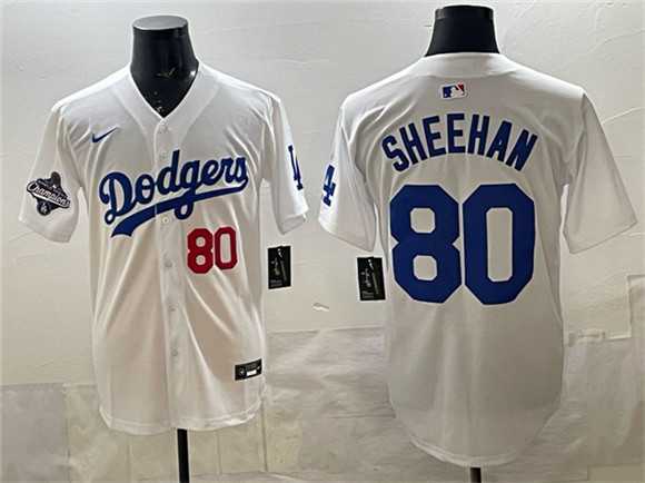 Mens Los Angeles Dodgers #80 Emmet Sheehan White 2025 World Series Champions Patch Limited Stitched Jersey Dzhi