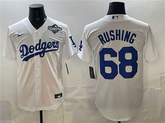 Mens Los Angeles Dodgers #68 Dalton Rushing White 2025 World Series Patch Cool Base Stitched Jersey Dzhi