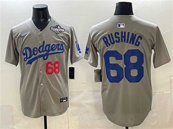 Mens Los Angeles Dodgers #68 Dalton Rushing Gray 2025 World Series Patch Limited Stitched Jersey Dzhi