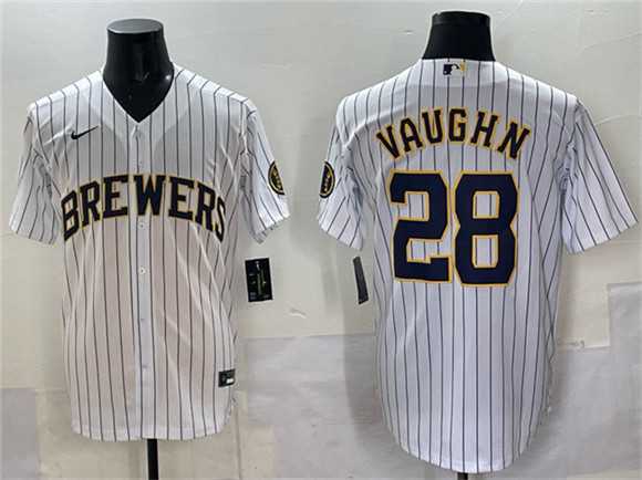 Mens Milwaukee Brewers #28 Andrew Vaughn White Pinstripe 2025 With Patch Stitched Jersey