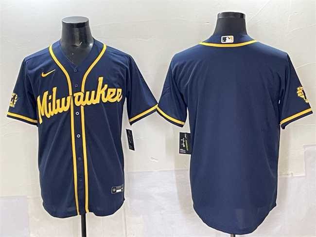 Mens Milwaukee Brewers Blank Navy 2025 With Patch Stitched Jersey