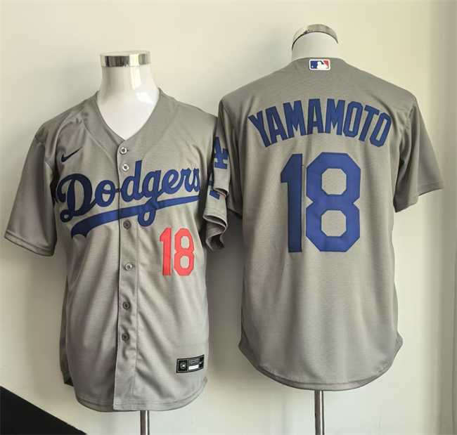 Mens Los Angeles Dodgers #18 Yoshinobu Yamamoto Gray Cool Base Stitched Jersey