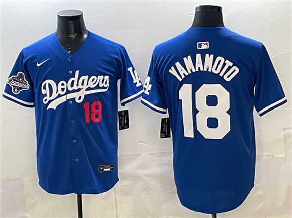 Mens Los Angeles Dodgers #18 Yoshinobu Yamamoto Royal 2025 World Series Champions Patch Limited Stitched Jersey1