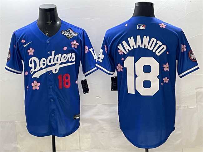 Mens Los Angeles Dodgers #18 Yoshinobu Yamamoto Royal 2025 World Series Patch Tokyo Series Limited Stitched Jersey