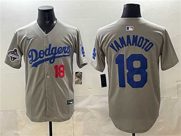 Mens Los Angeles Dodgers #18 Yoshinobu Yamamoto Gray 2025 World Series Champions Patch Stitched Jersey