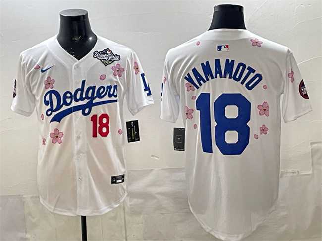 Mens Los Angeles Dodgers #18 Yoshinobu Yamamoto White 2025 World Series Patch Tokyo Series Limited Stitched Jersey