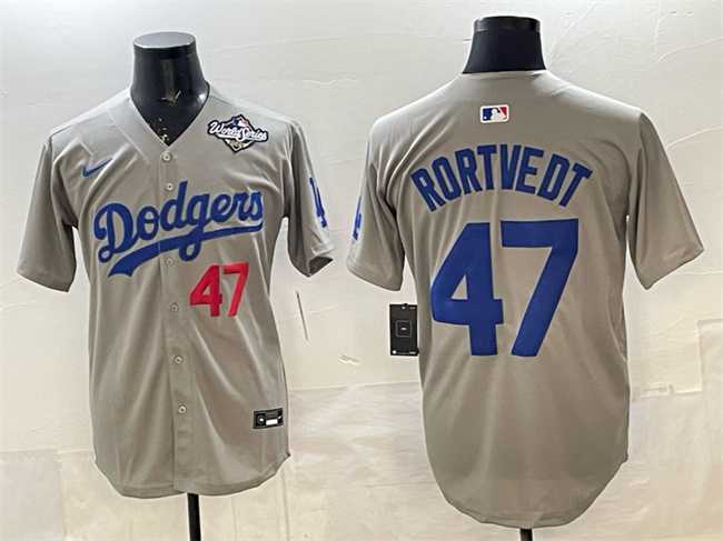 Mens Los Angeles Dodgers #47 Ben Rortvedt Gray 2025 World Series Patch Limited Stitched Jersey