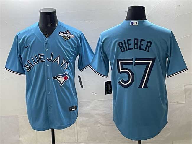 Mens Toronto Blue Jays #57 Shane Bieber Blue 2025 World Series Cool Base Stitched Jersey