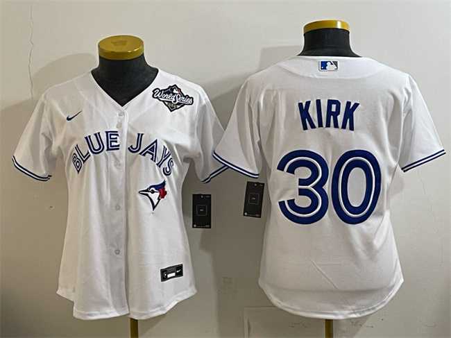 Womens Toronto Blue Jays #30 Alejandro Kirk White 2025 World Series Home Cool Base Stitched Jersey(Run Small)