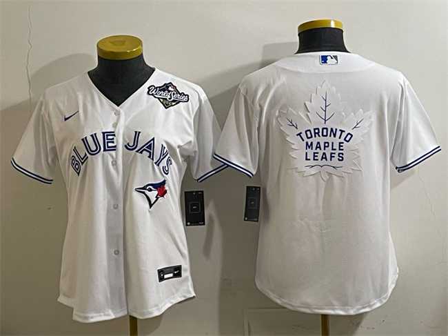 Womens Toronto Blue Jays & Leafs White 2025 World Series With White Leafs Logo Cool Base Stitched Jersey(Run Small)