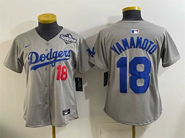 Youth Los Angeles Dodgers #18 Yoshinobu Yamamoto Grey 2025 World Series Patch Limited Stitched Jersey