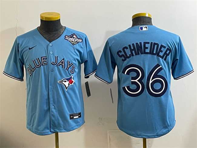 Youth Toronto Blue Jays #36 Davis Schneider Blue 2025 World Series Cool Base Stitched Jersey