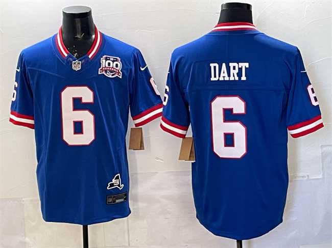 Mens New York Giants #6 Jaxson Dart Royal 2025 Draft F.U.S.E. 100th Season & State Patch Vapor Limited Stitched Jersey