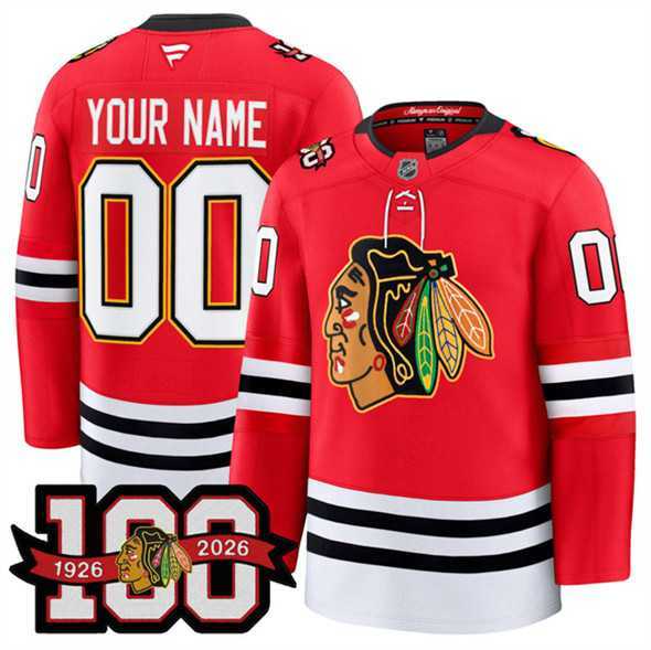 Mens Chicago Blackhawks Active Player Custom Red 2025 Home 100th Anniversary Stitched Hockey Jersey