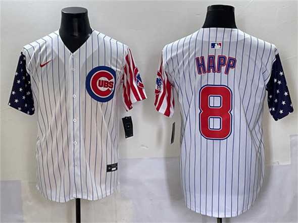Mens Chicago Cubs #8 Ian Happ White Pinstripe 2025 Independence Day Vapor Premier Limited Stitched Baseball Jersey