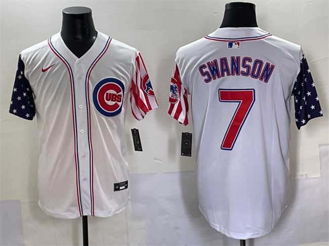 Mens Chicago Cubs #7 Dansby Swanson White 2025 Independence Day Vapor Premier Limited Stitched Baseball Jersey