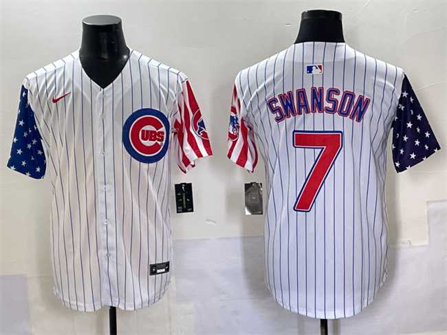 Mens Chicago Cubs #7 Dansby Swanson White Pinstripe 2025 Independence Day Vapor Premier Limited Stitched Baseball Jersey