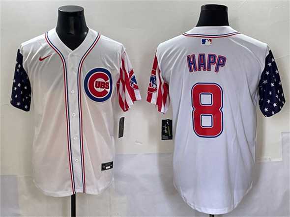 Mens Chicago Cubs #8 Ian Happ White 2025 Independence Day Vapor Premier Limited Stitched Baseball Jersey
